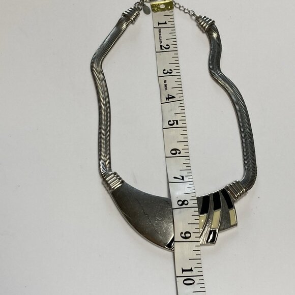 Chicos Bib Necklace Chunky Silvertone Enamel Deco Style Choker Modern Costume - Picture 7 of 10